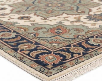 Alfombra tradicional de lana con medallón anudada a mano, alfombra floral color marfil, alfombra oriental hecha a mano, decoración de lujo para el hogar.
