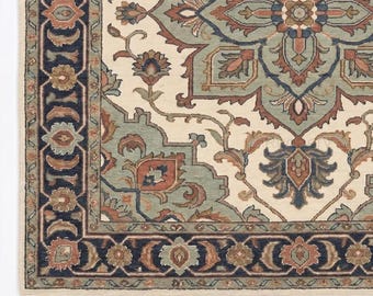 Alfombra tradicional de lana hecha a mano, alfombra floral vintage, alfombra de lujo de inspiración turca de 9x12, alfombra oushak moderna anudada a mano,