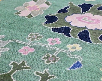 Hand Knotted Oushak Wool Rug, 9x12 Green Floral Oriental Carpet