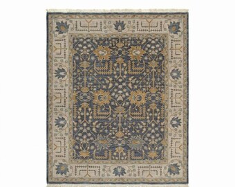 Alfombra Oushak de lana anudada a mano, alfombra turca azul marfil, alfombra oriental vintage hecha a mano, alfombra de tamaño personalizado para sala de estar, decoración de lujo para el hogar