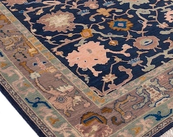 Alfombra de lana azul marino anudada a mano, alfombra tradicional con diseño floral enrejado, alfombra de lujo para sala de estar, alfombra oriental vintage hecha a mano.
