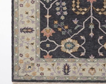 Alfombra de lana negra anudada a mano con estampado floral, alfombra vintage hecha a mano, elegante alfombra oriental, alfombra oushak moderna anudada a mano de 9x12.