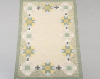Alfombra Kilim de tejido plano verde salvia, hecha a mano, estilo escandinavo, alfombra de inspiración sueca / alfombra de nudos nórdicos /