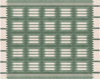 Alfombra Kilim escandinava tejida a mano, de tejido plano, de inspiración sueca / Alfombra de nudos nórdicos / Diseño escandinavo, tejida a mano en verde oliva y beige.