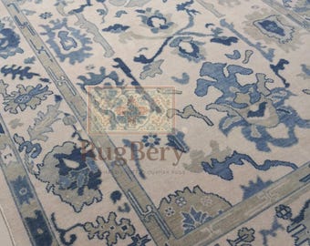 Alfombra de lana Oushak anudada a mano: alfombra turca floral azul y gris, 23 x 30 cm