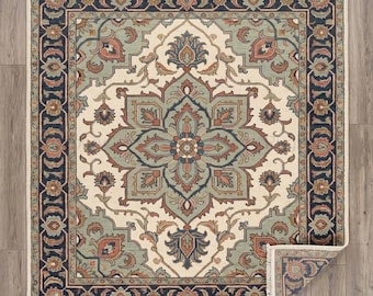 Alfombra moderna Oushak anudada a mano de 9x12, alfombra de lana con medallón floral anudado a mano, alfombra cuadrada hecha a mano, alfombra oriental tradicional.