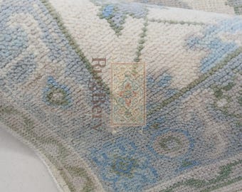 Handgeknüpfter Oushak Wollteppich - Türkischer Blauer & Grüner Teppich, 23x36