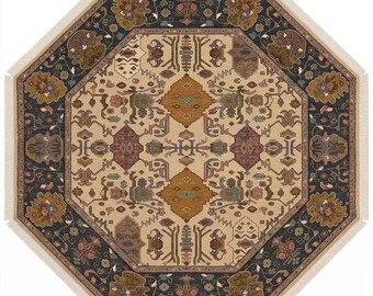 Alfombra Oushak de lana anudada a mano, alfombra turca vintage, alfombra octogonal azul marino, alfombra oriental hecha a mano, alfombra de tamaño personalizado para sala de estar.