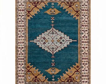 Alfombra Oushak de lana anudada a mano, alfombra turca azul verdosa, alfombra oriental vintage hecha a mano, alfombra de tamaño personalizado para sala de estar, decoración de lujo para el hogar