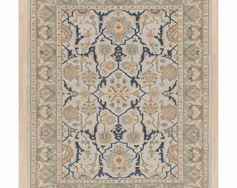 Alfombra de lana anudada a mano en color azul marfil con estampado floral, alfombra tradicional hecha a mano, elegante alfombra vintage, decoración de lujo para el hogar.