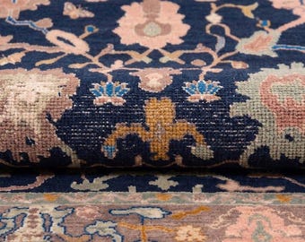 Alfombra Oushak vintage azul marino, alfombra turca hecha a mano, alfombra de lana floral, alfombra de lujo para sala de estar, alfombra oushak moderna anudada a mano,