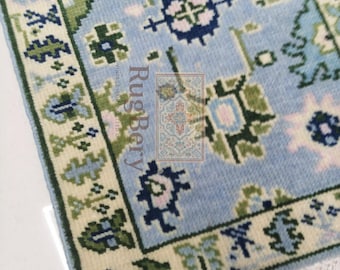 Handgeknüpfter Oushak Wollteppich - Grüner und Blauer Teppich