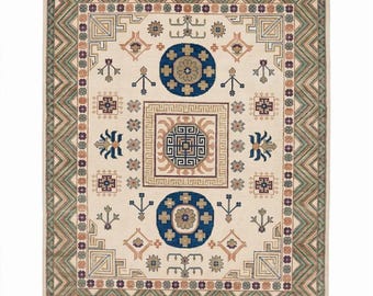 Alfombra tribal geométrica de lana anudada a mano, alfombra de estilo suroeste, alfombra hecha a mano en color crema y azul, decoración moderna bohemia para el hogar, alfombra tradicional de 8x10 y 9x12.