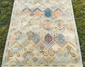 Alfombra tribal de lana anudada a mano en tonos pastel, alfombra geométrica bohemia, alfombra color crema hecha a mano, decoración del hogar de estilo vintage.