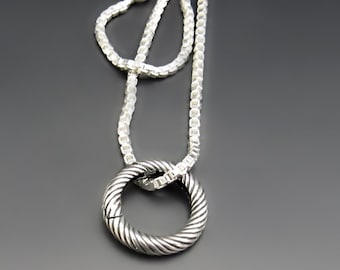 Sterling Silver Amulet Twist Oxidized Charm Necklace | Round Pendant Holder | Box Chain | Wedding Ring Holder with Hinged Clasp