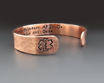 Copper Medical Alert Bracelet | 1/2 inch wide cuff | EMS Star of Life Jewelry for Diabetes, Seizures, Allergies | Emergency Information