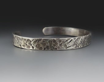 Men's Rugged Rustic Cuff Bracelet made with Heavy Gauge Hammered & Oxidized  SOLID 925 Sterling Silver, 3/8 inch wide