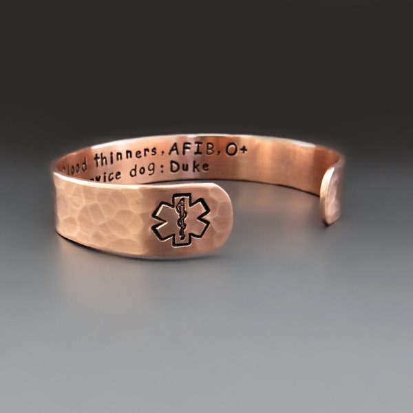 Copper Medical Alert Bracelet | 1/2 inch wide cuff | EMS Star of Life Jewelry for Diabetes, Seizures, Allergies | Emergency Information
