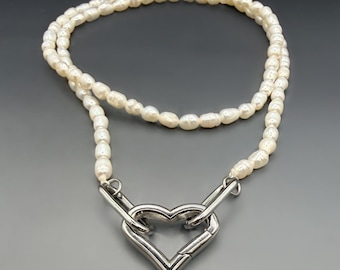 Freshwater Pearl Heart Shaped Charm Holder Necklace | Silver Stainless Steel Push Clasp | Wedding Ring Holder