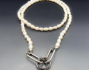 Freshwater Pearl Round Charm Holder Necklace | Silver Stainless Steel Push Clasp | Wedding Ring Holder