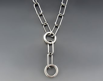 Silver Lariat Paper Clip Charm Holder Necklace | Multiple Charms | Bold Heavy Stainless Steel/Sterling Silver Oval Chain Spring Hinged Clasp