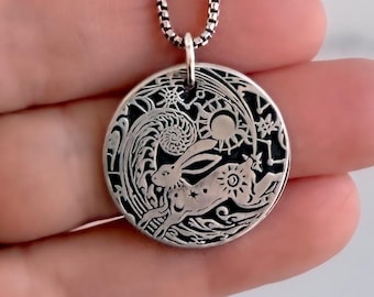 Sterling Silver Rabbit Necklace | Nature & Celestial Inspired Jewelry  | Handmade Charm |  Running Bunny Pendant | Solid .925 Sterling