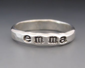 ONE Personalized Ring, Sterling Silver Name Ring, Organic Stacking Ring, Custom Ring, Hand Stamped, Engraved Ring, Anniversary, Gift for Mom