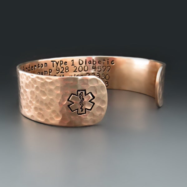 Wide Copper Medical Alert Bracelet | 3/4 inch EMS Star of Life Cuff | Jewelry for Diabetes, Seizures, Allergies | Emergency Information