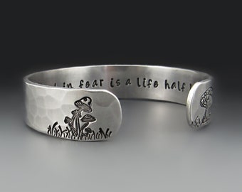 Personalized Silver Mushroom Bracelet - Add Your Text - 1/2 inch wide cuff