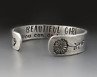 Beautiful Girl You Can Do Hard Things Silver Cuff Bracelet | Inspirational Bracelet for Teen Girls | Gifts for Daughter
