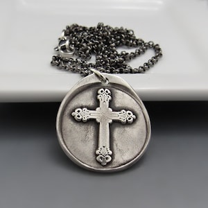 Men's Rustic Cross Necklace in Sterling Silver |  Handmade Wax Seal Pendant | Catholic Relic Coin Necklace