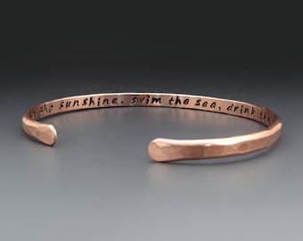 Thin Copper Bracelet with a Hammered Texture | Add Your Text to this Personalized Cuff | Custom 7-year Anniversary Gift for Couples