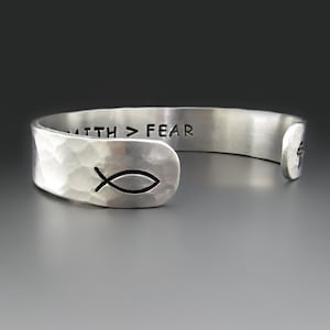 Faith Over Fear Ichthys Fish Bracelet | Silver Aluminum Jesus Fish Cuff | 1/2 inch Wide | Christian Handmade Jewelry | Confirmation Gift