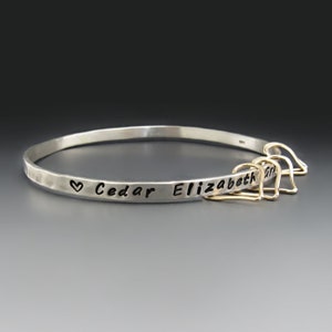 Personalized Heart and Soul Bracelet, Sterling Silver Bangle, Gold Hearts , Custom Hand Stamped, Personalized Mom Gift, Anniversary Gift