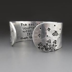 Custom Mushroom Cuff Bracelet with Personalized Forest Theme, Hand Stamped Personalized Jewelry, Hostess Gift Ideas