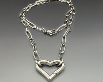 Paperclip Chain Necklace with HEART Charm Holder Clasp | Silver Stainless Steel Push Clasp | Add your favorite charms