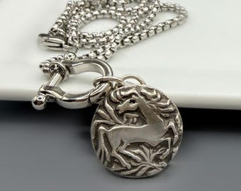 Sterling Silver Dancing Horse Necklace | Horseshoe Nature Inspired Jewelry  | Handmade Charm |  Inspirational Pendant | Solid .925 Sterling