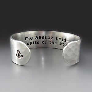The Anchor Holds In Spite Of The Storm Bracelet | Unisex Silver ALUMINUM Quote Bracelet | Motivational Graduation Gifts for Her & Him