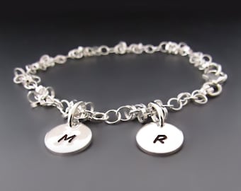 Personalized Sterling Silver Letter Charm Bracelet / Custom Initial Charm Bracelet / Hand Stamped / Gifts for Mom / Anniversary / Graduation