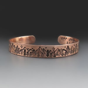 Personalized Copper Mountain Range Bracelet with Night Sky / 3/8 or 1/2 inch wide | Hammered Cuff | 7 Year Anniversary Gifts Him/Her