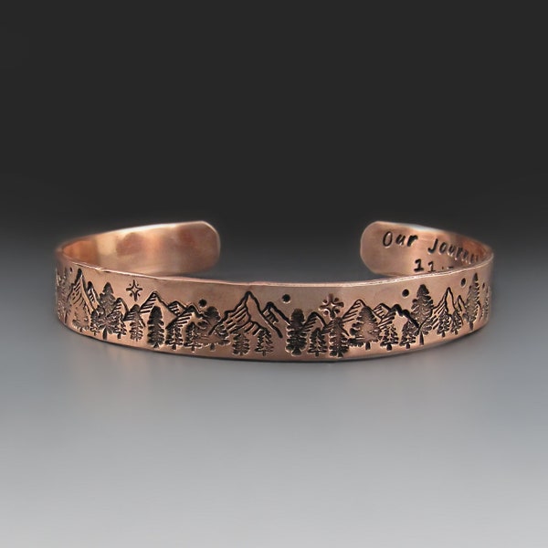 Personalized Copper Mountain Range Bracelet with Night Sky / 3/8 or 1/2 inch wide | Hammered Cuff | 7 Year Anniversary Gifts Him/Her