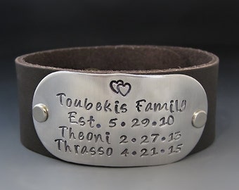 Personalized Leather Cuff Bracelet with Hand Engraved Metal Plate | 3, 9 & 10-year Anniversary Gift Ideas | Add Children / Family Names