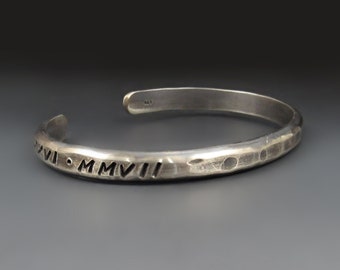 4 Gauge Rustic Men's STERLING Silver Hammered Cuff Bracelet, Custom Cuff, Engraved Men's Jewelry. Boyfriend Gifts