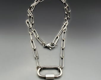 Paperclip Chain Necklace with Carabiner Clasp | Silver Stainless Steel | Add your favorite charms