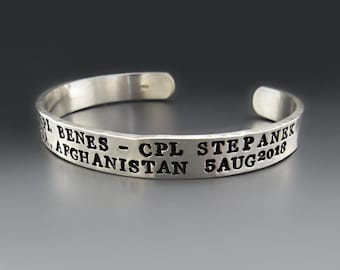 3/8 inch wide KIA Memorial Band Bracelet  | Fallen Soldier Memorial Cuff | Sterling Silver, Aluminum, Copper, Brass or Bronze