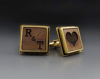 Engraved Wood Cufflinks in Silver or Gold | Personalized Jewelry for Wedding | 5 year Anniversary | Monogram Groomsman Gift