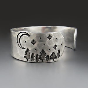 Personalized Night Sky Forest Bracelet , Add Your Custom Text,  3/4 inch wide Moon, Stars & Trees Cuff,  Hand Stamped Silver Aluminum,