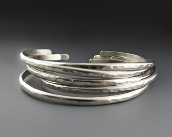 Skinny Solid .925 Sterling Silver Stacking Bracelet | 8 gauge Classic Hammered Thin Cuff | Wedding Bridal Gift | Open Bangle | Anniversary