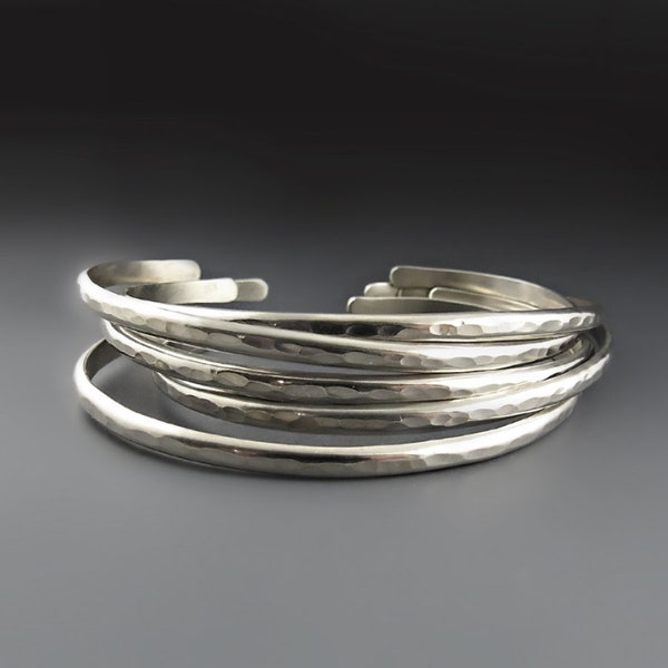 Skinny Solid .925 Sterling Silver Stacking Bracelet | 8 gauge Classic Hammered Thin Cuff | Wedding Bridal Gift | Open Bangle | Anniversary
