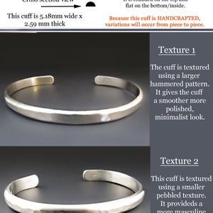 May include: A silver-colored metal cuff bracelet with a semi-circular cross-section, measuring 5.18 mm wide and 2.59 mm thick. The image displays two variations: one with a large hammered texture and another with a smaller, pebbled surface finish.
